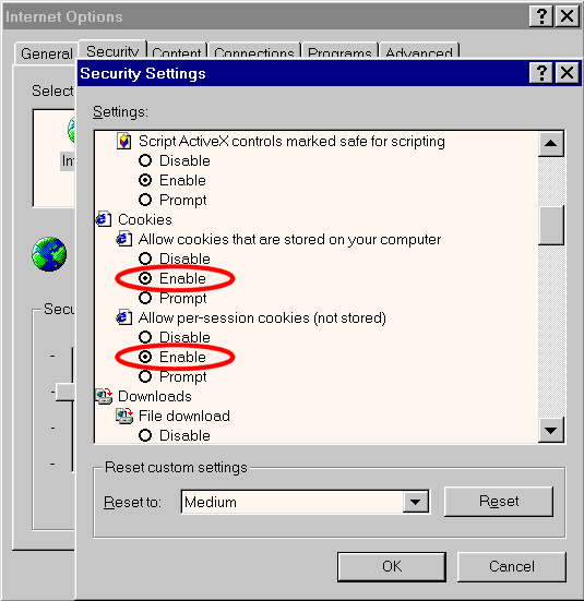 Changing "cookies" settings