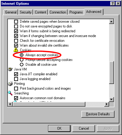 Changing "cookies" settings